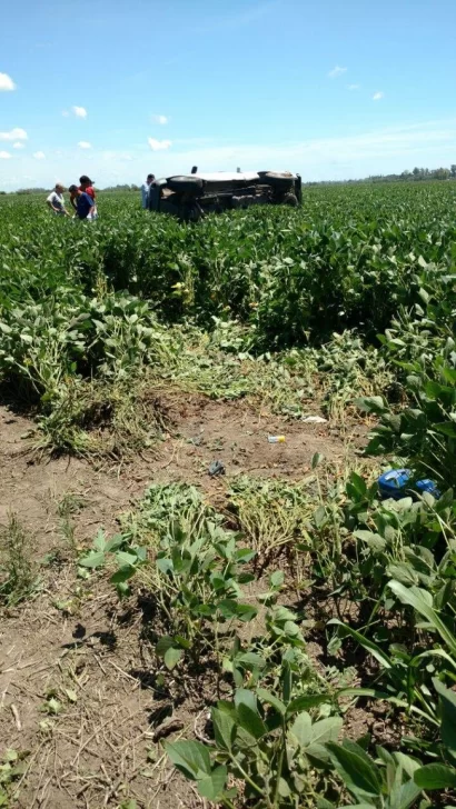 Despistó en autopista y terminó volcando en un campo de soja