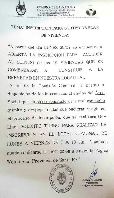 La  Comuna de Barrancas abre la inscripción para el sorteo de viviendas