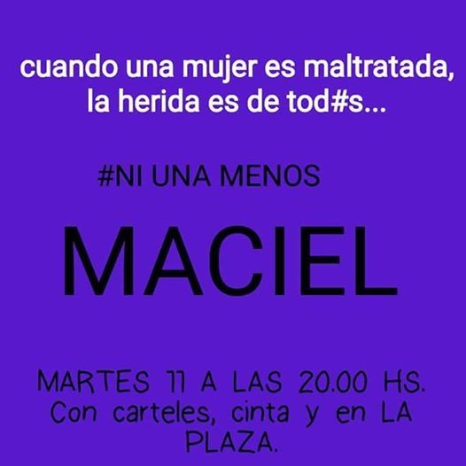 Maciel: marcha “Ni Una Menos” desde la plaza a las 20 horas