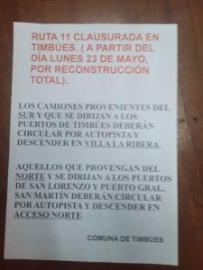 Desde el lunes 23 los camiones no podran circular por Ruta 11