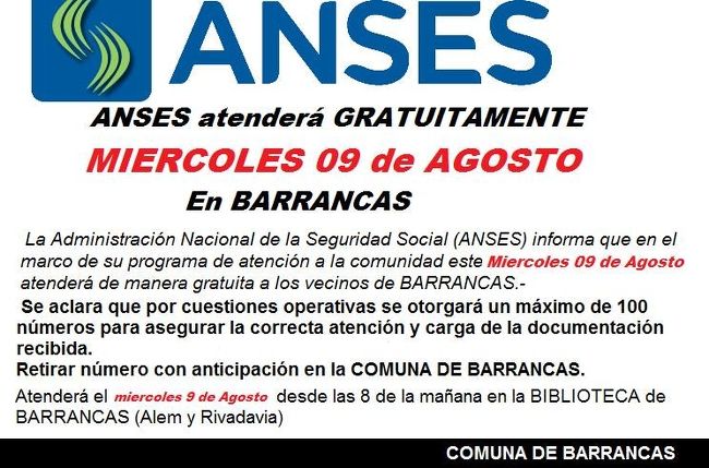 Este miércoles Anses móvil atenderá en Barrancas