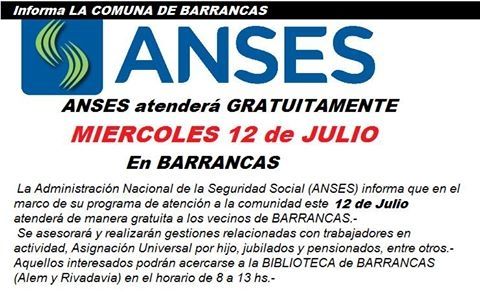 La oficina de Anses atenderá consultas en Barrancas