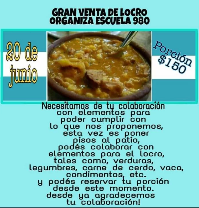 Gran venta de locro para recaudar fondos para la Escuela 980